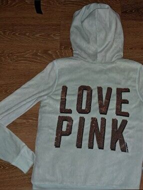 LOVE PINK Victoria's Secret Velour Fur Lined Hoodie Gold Sequins Bling Y2k